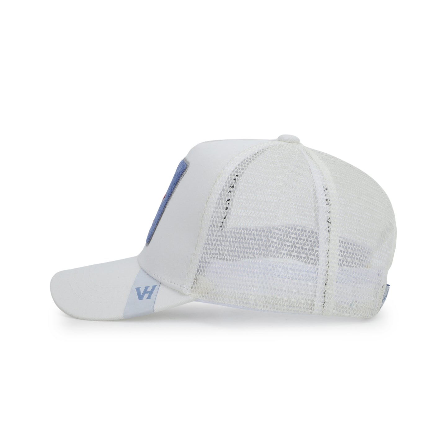 Vintage Havana Trucker Hat for Women – Off White Mesh & Canvas Adjustable Cap with Blue Suede Patch & Red Star