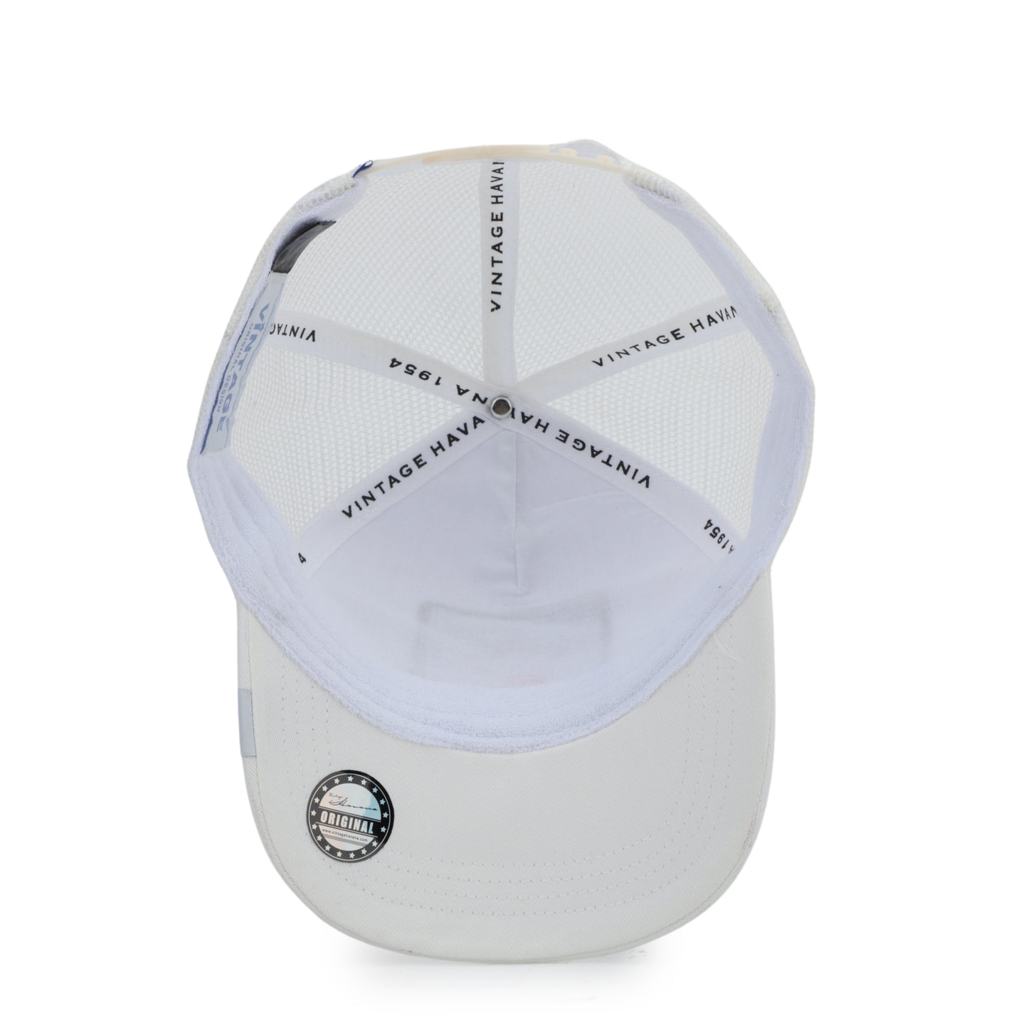 Vintage Havana Trucker Hat for Women – Off White Mesh & Canvas Adjustable Cap with Blue Suede Patch & Red Star